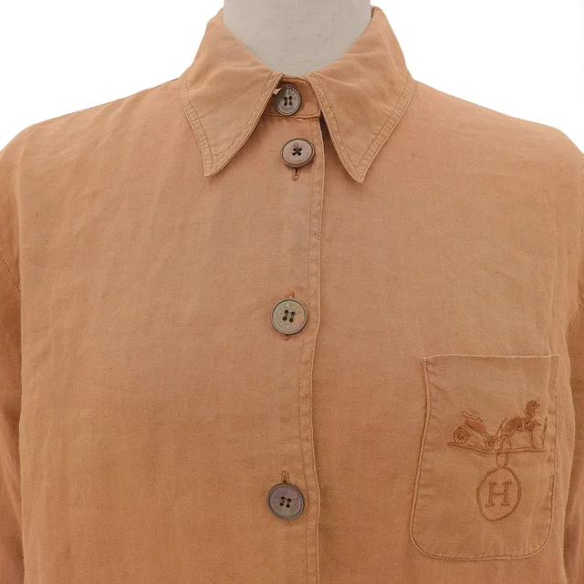Hermès Linen Logo Embroidered Shirt #40 Camel in Brown from VINTAGE QOO TOKYO, photo 2 of 2
