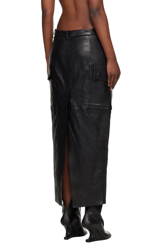 Rick Owens Black Temple Firbanks Leather Midi Skirt, photo 3 of 4 from SSENSE