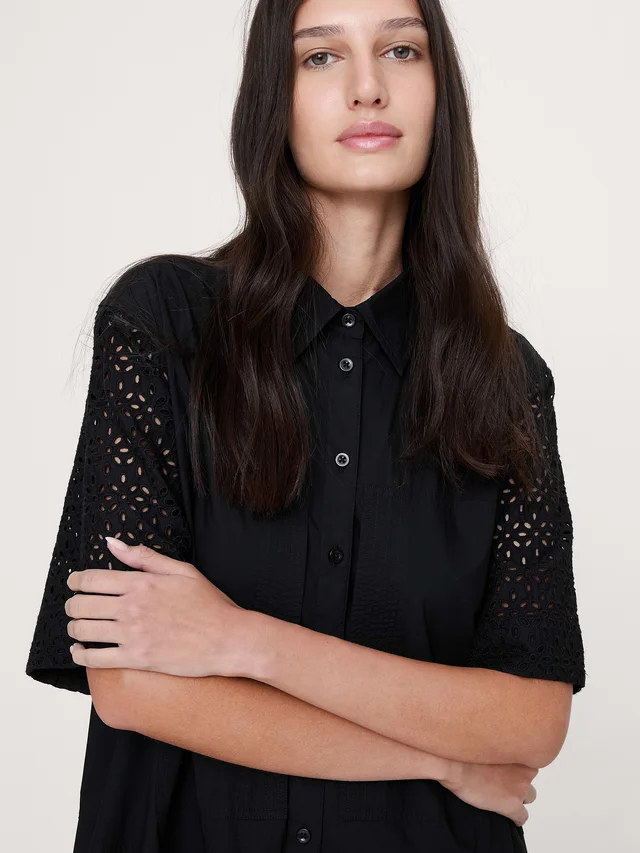 Banana Republic Eyelet Trapeze Maxi Shirt Dress in Black with Embroidery, photo 3 of 5 from Banana Republic (Canada)