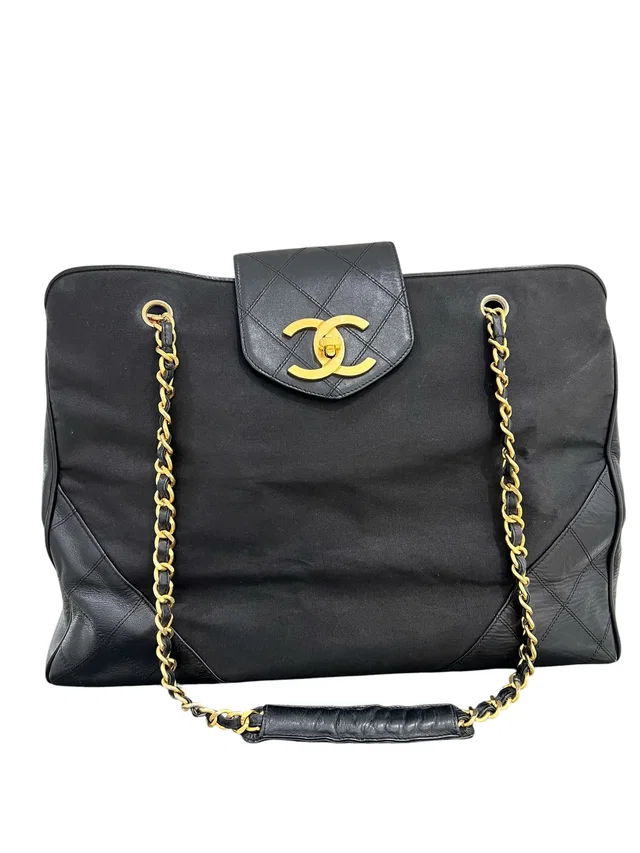 Chanel Vintage Supermodel Tote Black Canvas Calfskin GHW in Black Calfskin from Luxury Promise