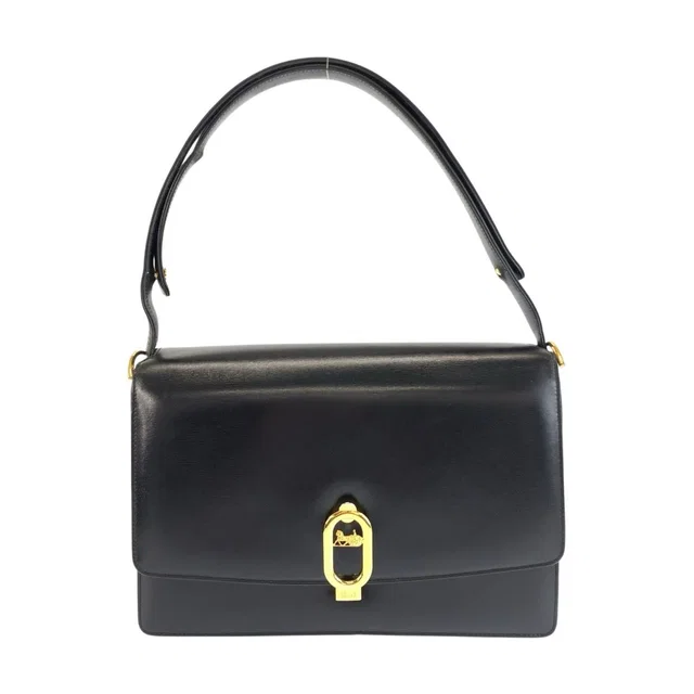Celine Vintage Carriage Black Gold Leather Shoulder Bag in Black Leather from The Reluxe