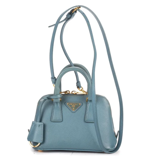 Prada Mini Promenada Blue Saffiano Luxe Leather Shoulder Bag in Blue Saffiano leather from The Reluxe