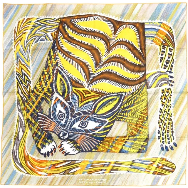 Hermès Carre 90 Double Face le Chat Silk Jaune Scarf Yellow in Yellow Silk from The Reluxe