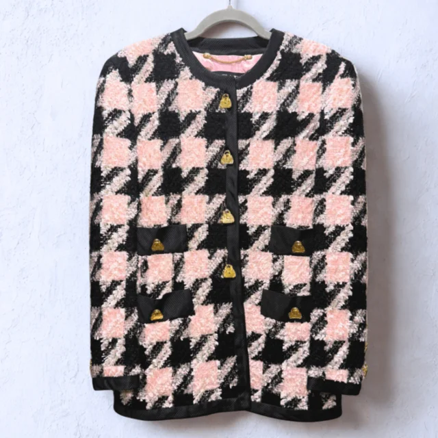 Escada Vintage Pink Houndstooth Jacket Sz 38 in Pink Tweed from Revivre Luxury Consignment