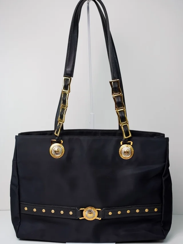 Versace Vintage Sunburst Medallion Black Nylon Tote Bag 90s in black|gold Nylon from Poshmark
