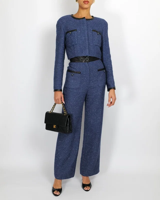 Chanel Cruise 2019 Blue Tweed Cropped Jacket and Trousers Set with CC Logo Buttons and Black Leather… in Black Tweed from Sellier