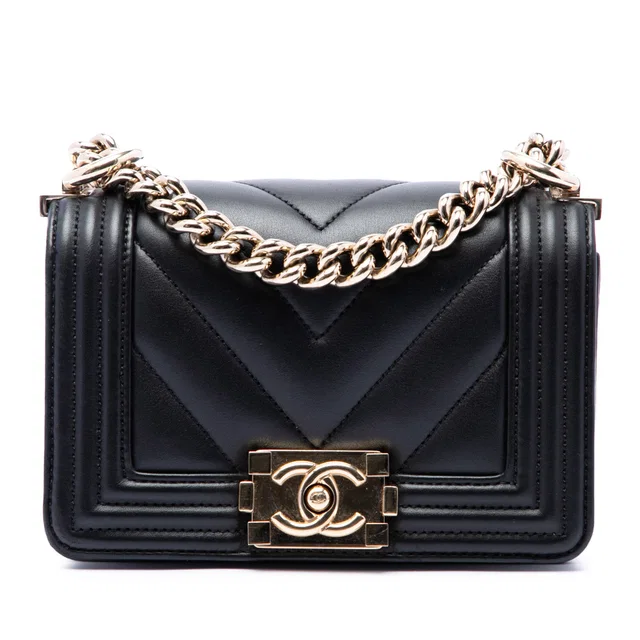 Black Chanel Mini Chevron Lambskin Boy Flap Crossbody Bag in Black Lambskin from Designer Revival