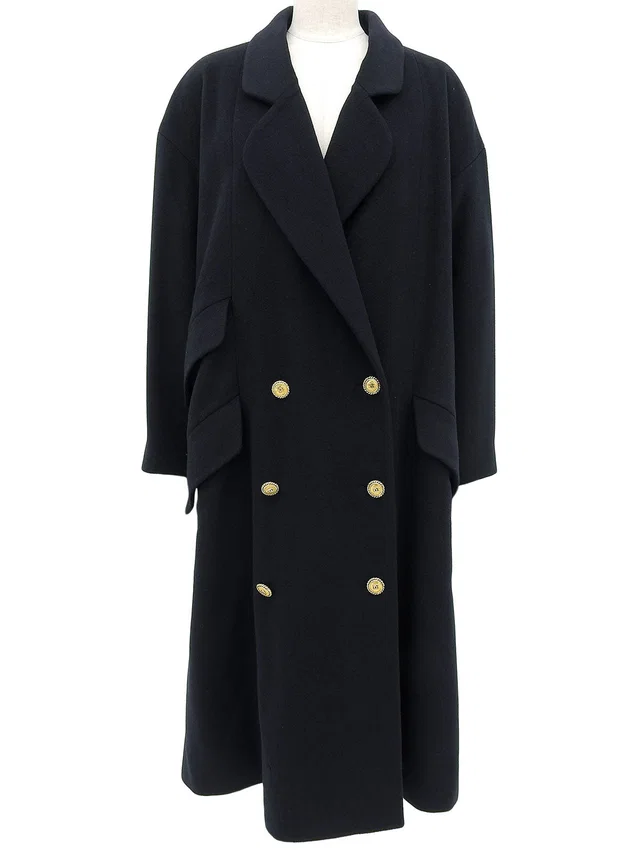 Chanel Cashmere CC Mark Button Double-Breasted Long Coat #40 Navy in Navy Cashmere from VINTAGE QOO TOKYO