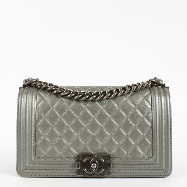 Silver Medium Boy Chanel Bag in Silver Caviar leather from Labellov