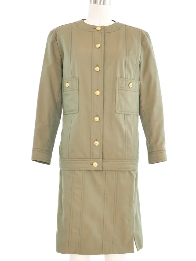 Chanel Khaki Green Military Inspired Skirt Suit in Green Silk from Arcade Vintage