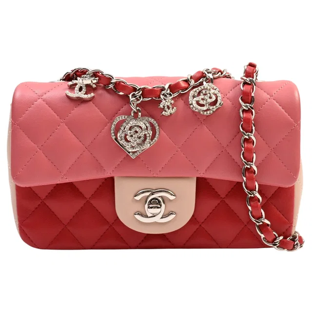 Chanel Circa 2015 Lambskin Classic Flap Chain Bag Mini Pink/Red in Red Lambskin from VINTAGE QOO TOKYO