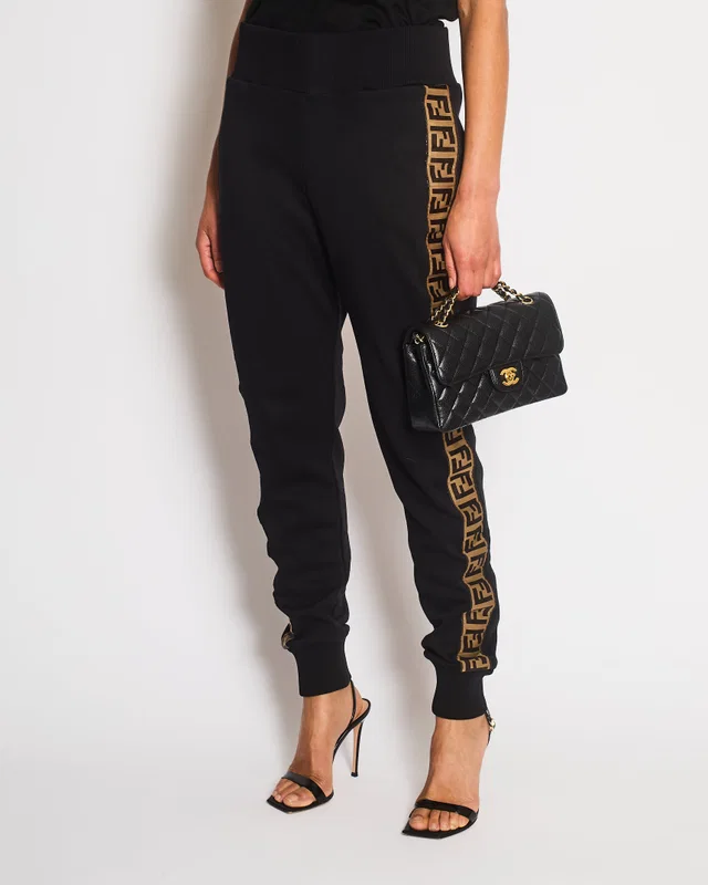 Fendi Black Joggers with Brown Stripe Logo Details Size IT 46 (UK 14) in Black from Sellier