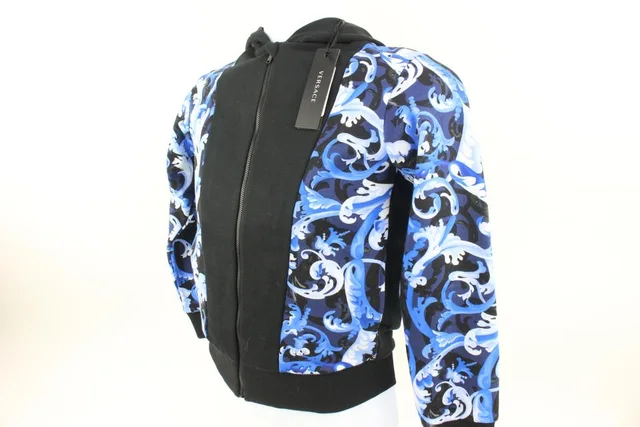 Versace Size 8A Boy's Black Blue Baroque Zip Up Hoodie Sweatshirt Kids in Black from Bagriculture
