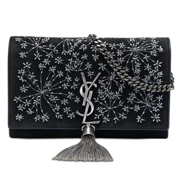 Black Saint Laurent Beaded Suede Monogram Kate Tassel Wallet on Chain Crossbody Bag in Black Suede from Designer Revival