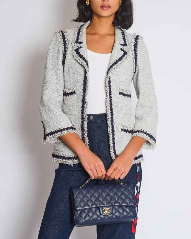 Chanel 08P Light Grey Tweed Jacket with Contrast Navy and Red Tweed Trim with CC Detail Buttons On… in Red Tweed from Sellier