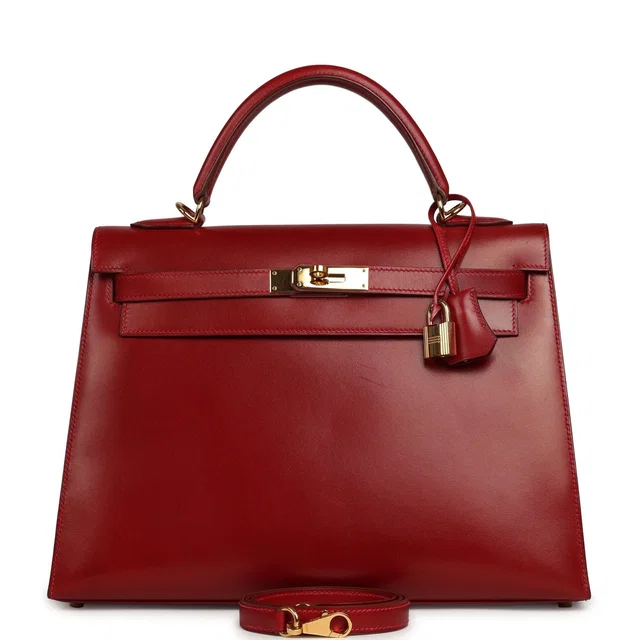 Hermès Vintage Kelly Sellier 32 Rouge Vif Box Gold Hardware in Red Calfskin from Madison Avenue Couture