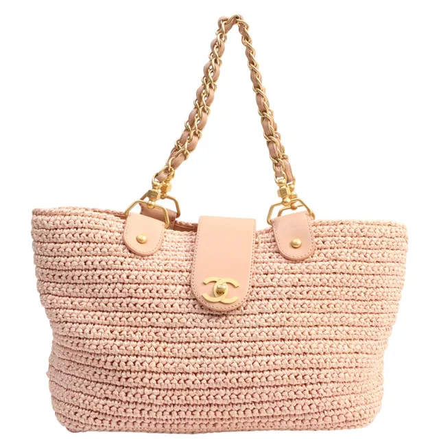 Chanel 2005 Raffia CC Turnlock Chain Tote Bag Pink in Pink Raffia from VINTAGE QOO TOKYO