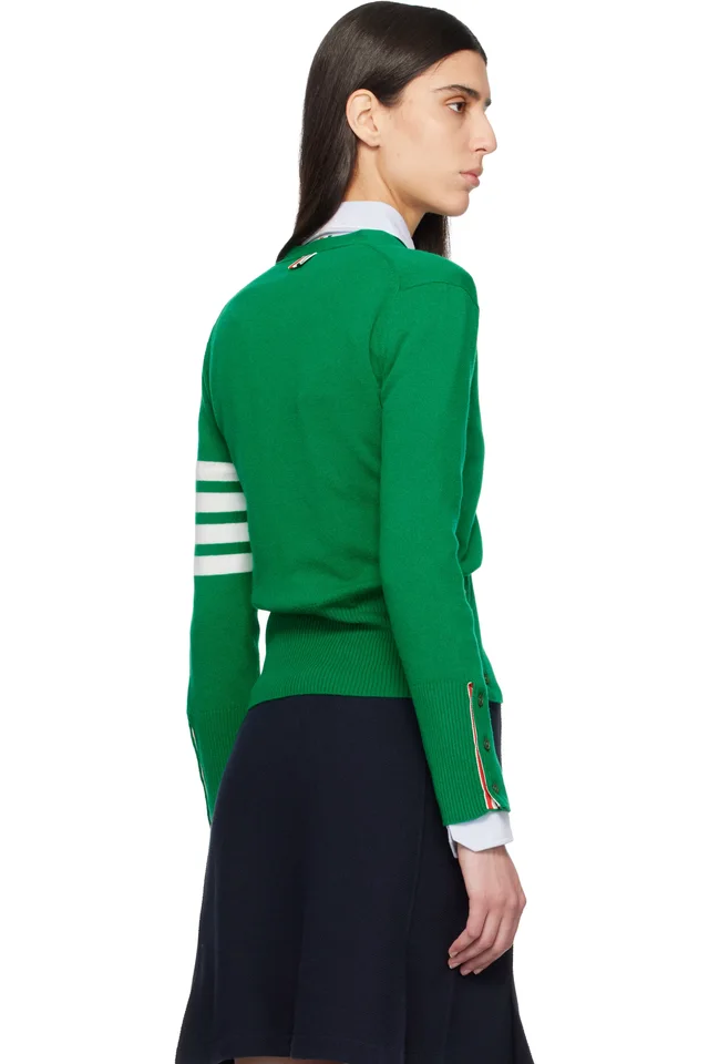 Thom Browne Green Classic Cashmere 4-Bar V-Neck Cardigan, photo 3 of 4 from SSENSE