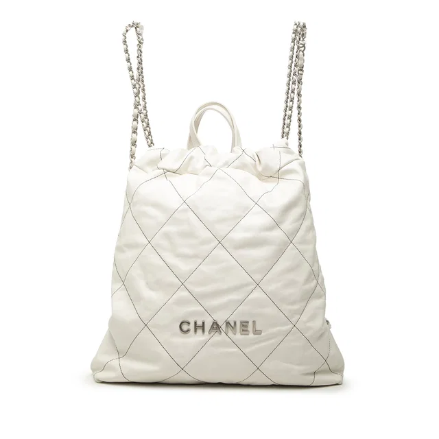 White Chanel Large Quilted Shiny Calfskin 22 Backpack in White Calfskin from Designer Revival