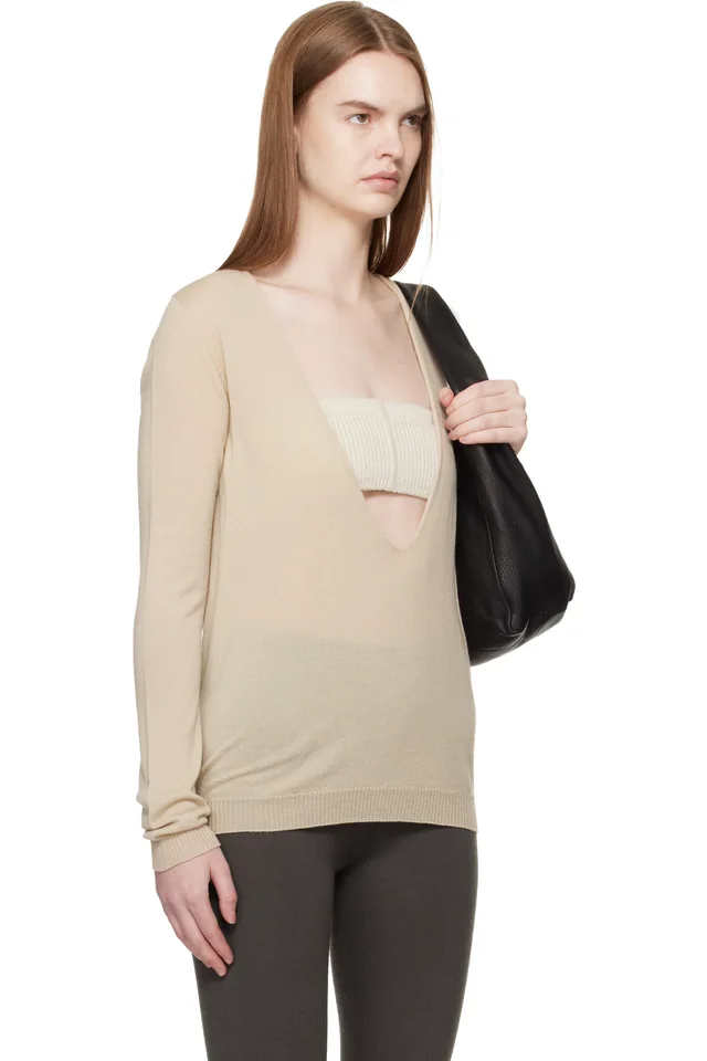 Rick Owens Beige Temple Extreme V Neck Pull Sweater, photo 2 of 4 from SSENSE