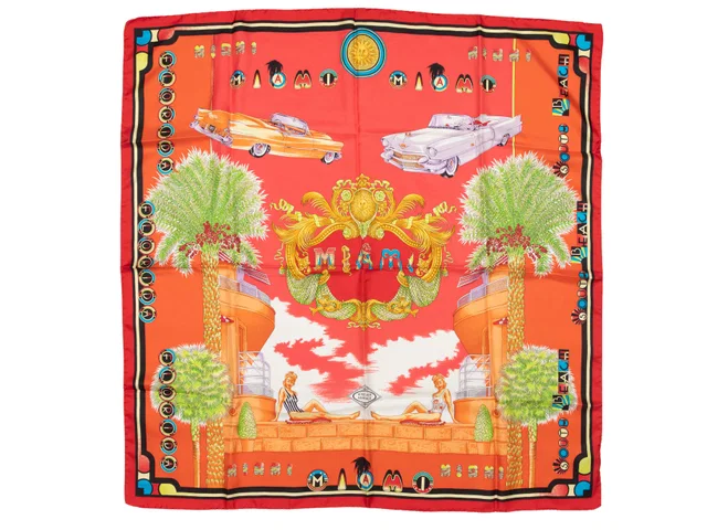 Orange & Multicolor Versace Miami Beach Motif Print Silk Scarf in Orange Silk from Designer Revival