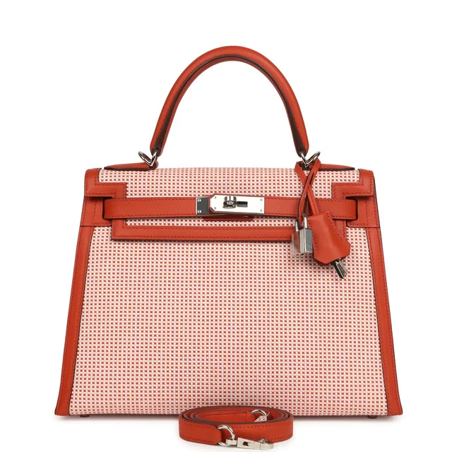 Hermès Quadrille Kelly Sellier 28 Brique Toile and Terre Battue Swift Palladium Hardware in Swift leather from Madison Avenue Couture