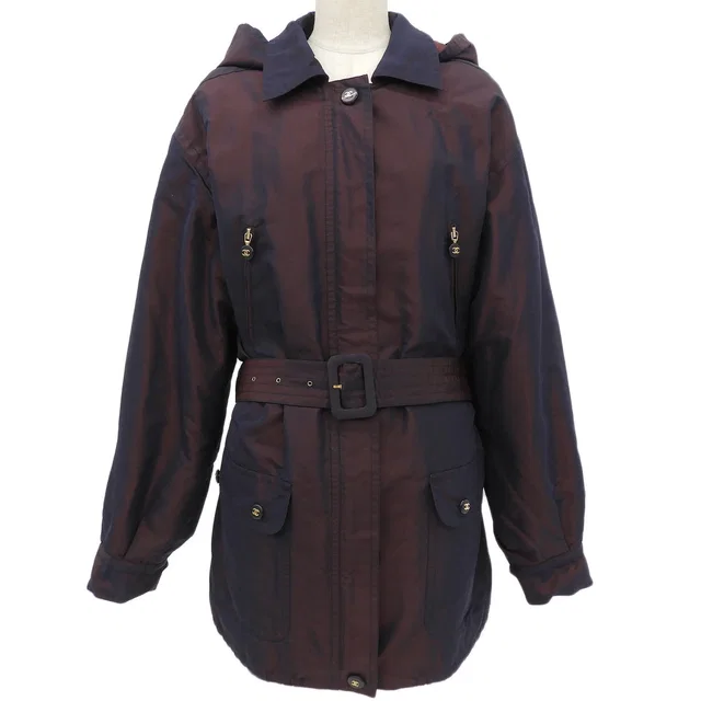 Chanel 2003 Silk CC Mark Zip-Up Coat #42 Bordeaux/Navy in Burgundy Silk from VINTAGE QOO TOKYO