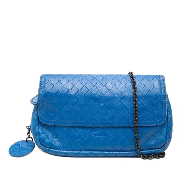 Blue Bottega Veneta Small Calfskin Intrecciomirage Embossed Butterfly Chain Crossbody in Blue Calfskin from Designer Revival