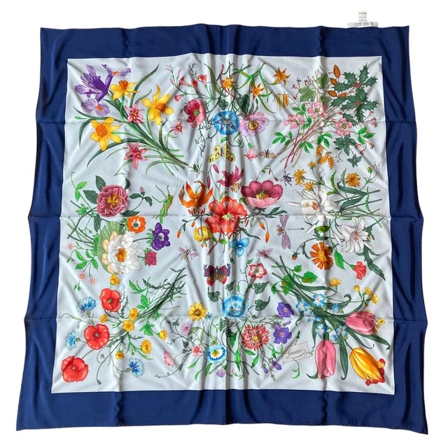Gucci Flora Print Silk Scarf Navy in Navy Silk from The Reluxe