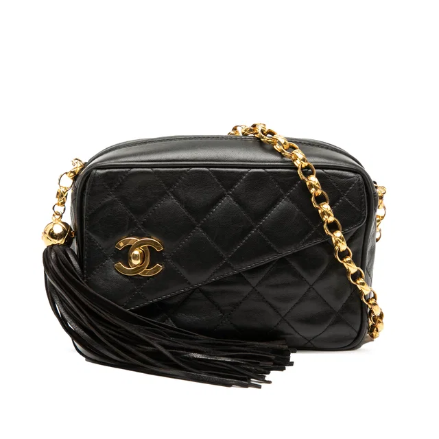 Black Chanel Mini CC Quilted Lambskin Tassel Camera Bag in Black Lambskin from Designer Revival