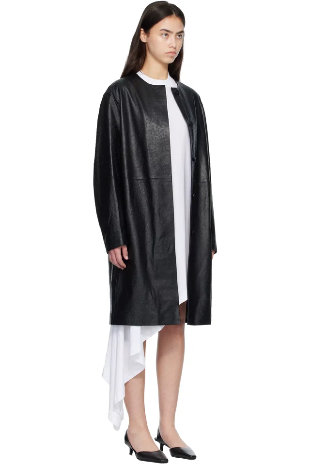 Loulou de Saison Black YARI Ostrich-Effect Leather Coat, photo 2 of 4 from SSENSE