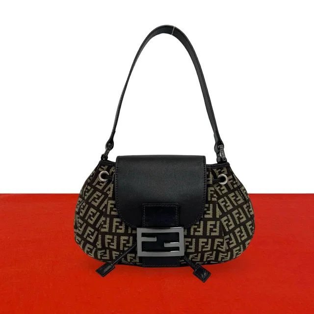Fendi Zucchino FF Pattern Canvas Leather Shoulder Bag Brown Beige in Brown Canvas from The Reluxe