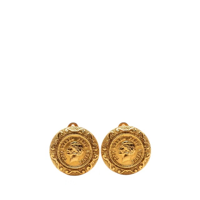 Gold Chanel Gold Plated Coco Profile Round Clip On Earrings in Gold from Designer Revival