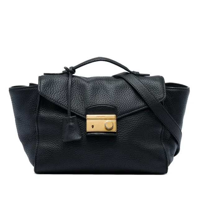 Black Prada Vitello Daino Soundlock Satchel in Black Leather from Designer Revival