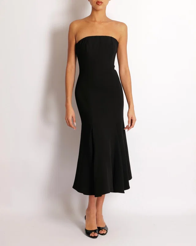 Valentino Garavani Black Wool Bandeau Maxi Dress with Pleated Details Size IT 40 (UK 8) in Black Wool from Sellier