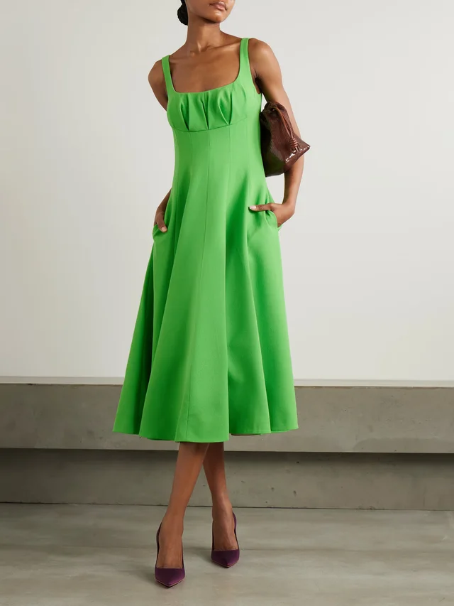 EMILIA WICKSTEAD Collins pleated paneled wool-crepe midi dress in Green, photo 2 of 2 from NET-A-PORTER (Canada)
