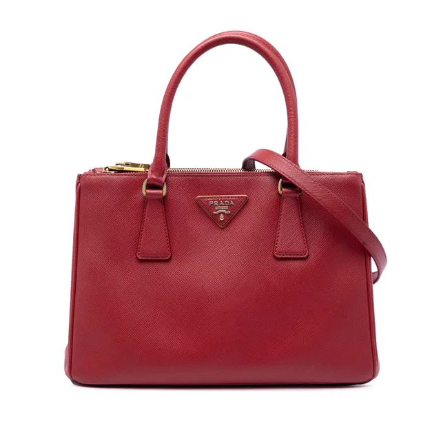 Red Prada Medium Saffiano Lux Galleria Double Zip Satchel in Red Saffiano leather from Designer Revival