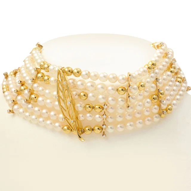 Mikimoto 14K Pearl, Diamond, and Leaf Motif Necklace in White/Gold in White from VINTAGE QOO TOKYO