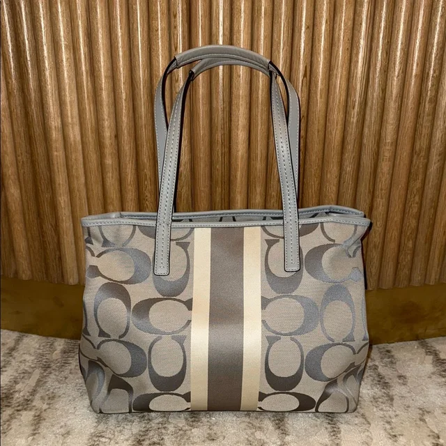 Coach Hamptons Weekend Signature Stripe Medium Tote Gray/Silver in silver|gray Canvas from Poshmark