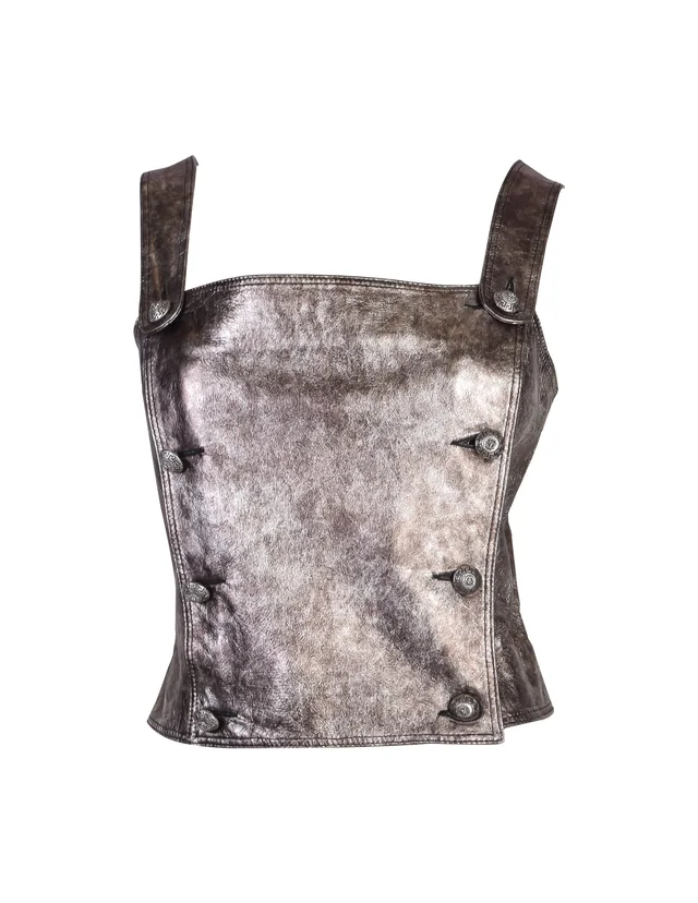 VERSUS Gianni Versace Vintage Metallic Pewter Leather Double Breasted Bustier Top in Leather from Amarcord Vintage Fashion