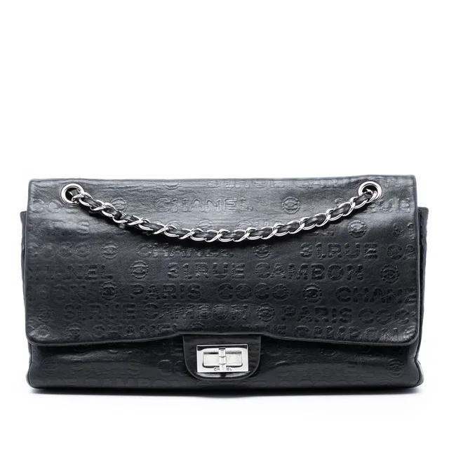 Black Chanel Maxi Embossed Calfskin 31 Rue Cambon Reissue 2.55 Double Flap Shoulder Bag in Black Calfskin from Designer Revival