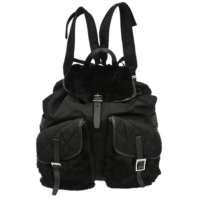 Prada Black Fur Nylon Backpack in Black Nylon from AMORE Vintage Tokyo