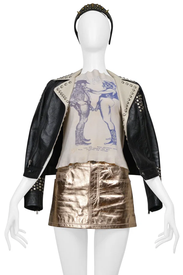 Saint Laurent Black And White Leather Jacket With Studs in Black Leather from Resurrection Vintage