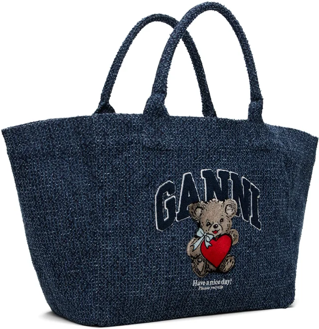 GANNI Navy XXL Bear Tweed Denim Shopper Tote, photo 2 of 8 from SSENSE
