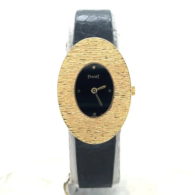 Piaget Baignoire Hand Wind Diamond Black Dial Ladies Watch 99061 in yellow|black|gold Leather from Jomashop.com