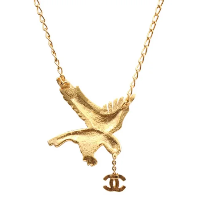Chanel 2001 Vintage Rhinestone CC Mark Eagle Motif Necklace Gold in Gold from VINTAGE QOO TOKYO, photo 2 of 5