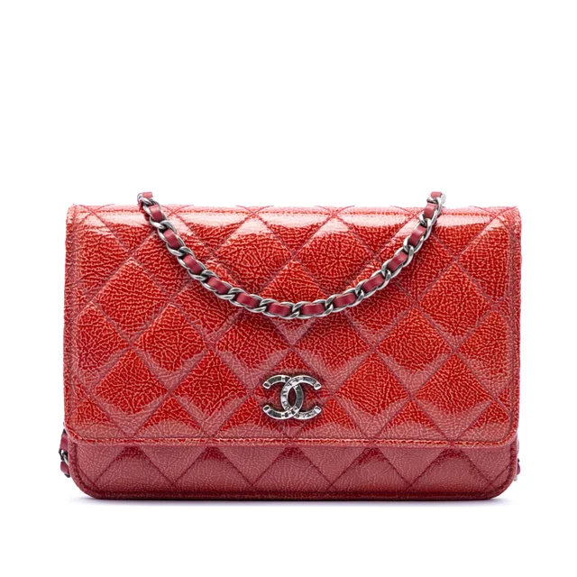 Red Chanel Paris Dallas CC Quilted Patent Goatskin Wallet on Chain Crossbody Bag in Red Goatskin from Designer Revival