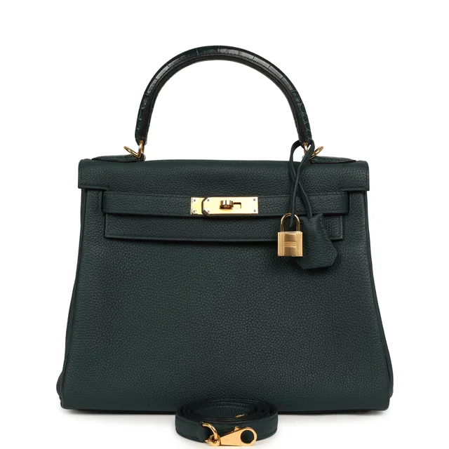 Hermès Kelly Retourne 28 Vert Cypress Togo, Matte Alligator Touch Gold Hardware in Green Togo leather from Madison Avenue Couture