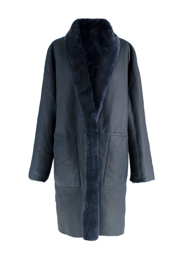 Loro Piana Blue Reversible Lamb Shearling Coat in Blue Lambskin from HEWI