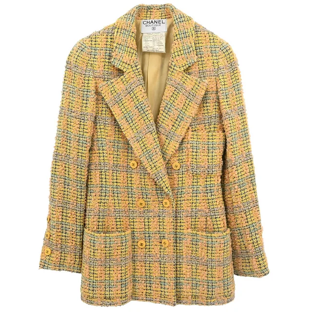Chanel 1994 Double Breasted Jacket Tweed Yellow #36 in Yellow Tweed from AMORE Vintage Tokyo